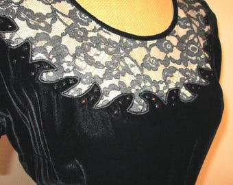Black Velvet Vintage 1950s Lace Rhinestone Cocktail Dress, 1950s dress, Velvet Dress, Rhinestones, 39 Bust, VLV, Cocktail Dress