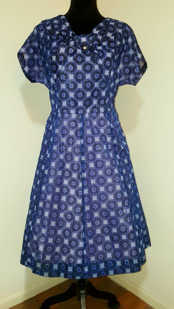 Volup Blue Viole Abstract 1950s Vintage Day Dress… - image 6