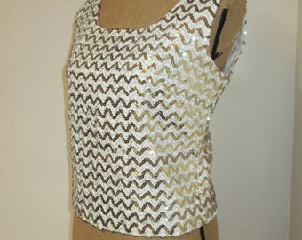 1950s Chevron Sequined Shell 1950s Blouse  Womens Vintage top 50s blouse Sequins Gold VLV Bombshell Pinup Cropped Top Rock N Roll