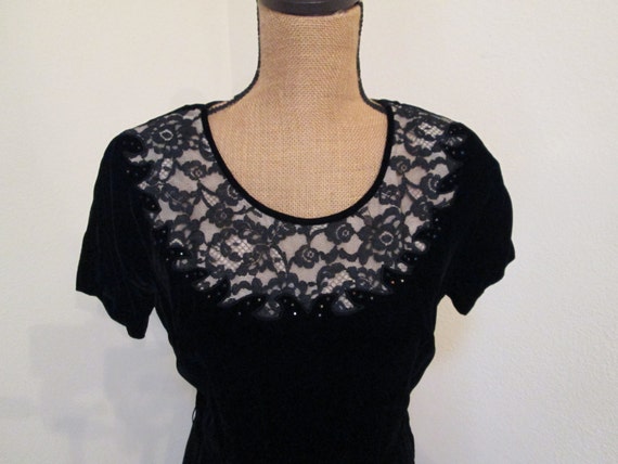 Black Velvet Vintage 1950s Lace Rhinestone Cockta… - image 2