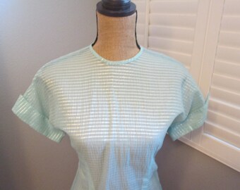 Volup Semi Sheer 1950s 1940s Vintage Waffle material with Silver Lurex threads 1950s Blouse, 40 Bust, VLV Pinup,1950s Vitnage blouse