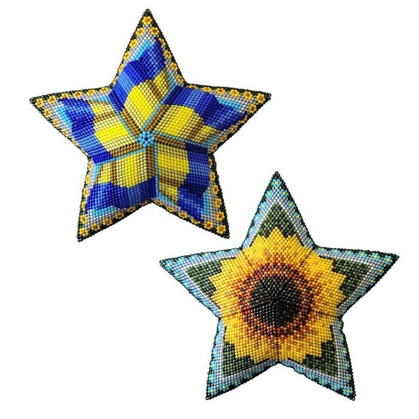 Beaded 3D Peyote Puffy Star Tutorial & Pattern - Pray for Peace - Ukraine Flag Sunflower