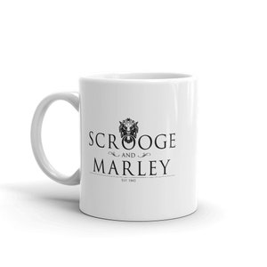 Scrooge & Marley Sign Mug.  Inspired by Charles Dickens&#39;, A Christmas Carol featuring a Lion Head Door Knocker and Gothic Style Typography.