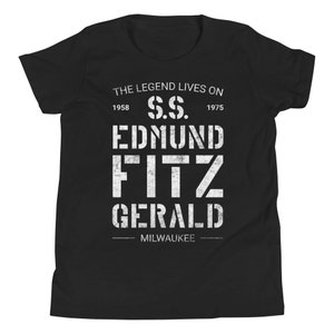 S.S. Edmund Fitzgerald Kids Youth Unisex T-Shirt.  This Graphic Tee is a Tribute to the Famous Great Lakes Shipwreck and Legend.