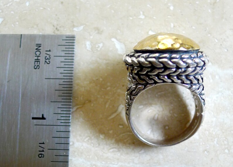 Vintage Sterling Statement Ring Hand Hammered Gold Vermeil Dome Woven Silver Pattern Cocktail Jewelry Size 6