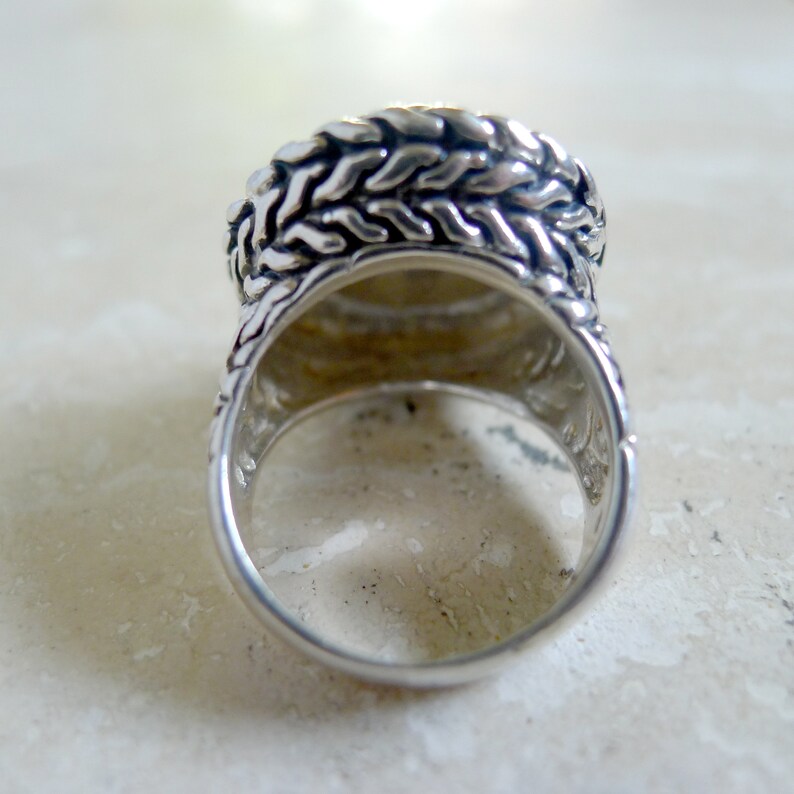 Vintage Sterling Statement Ring Hand Hammered Gold Vermeil Dome Woven Silver Pattern Cocktail Jewelry Size 6