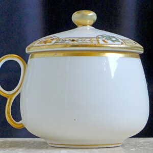 Rare Antique NORITAKE RC Nippon Covered Tea Cup Fine China Floral Gold Motif Double Loop Handle 1911