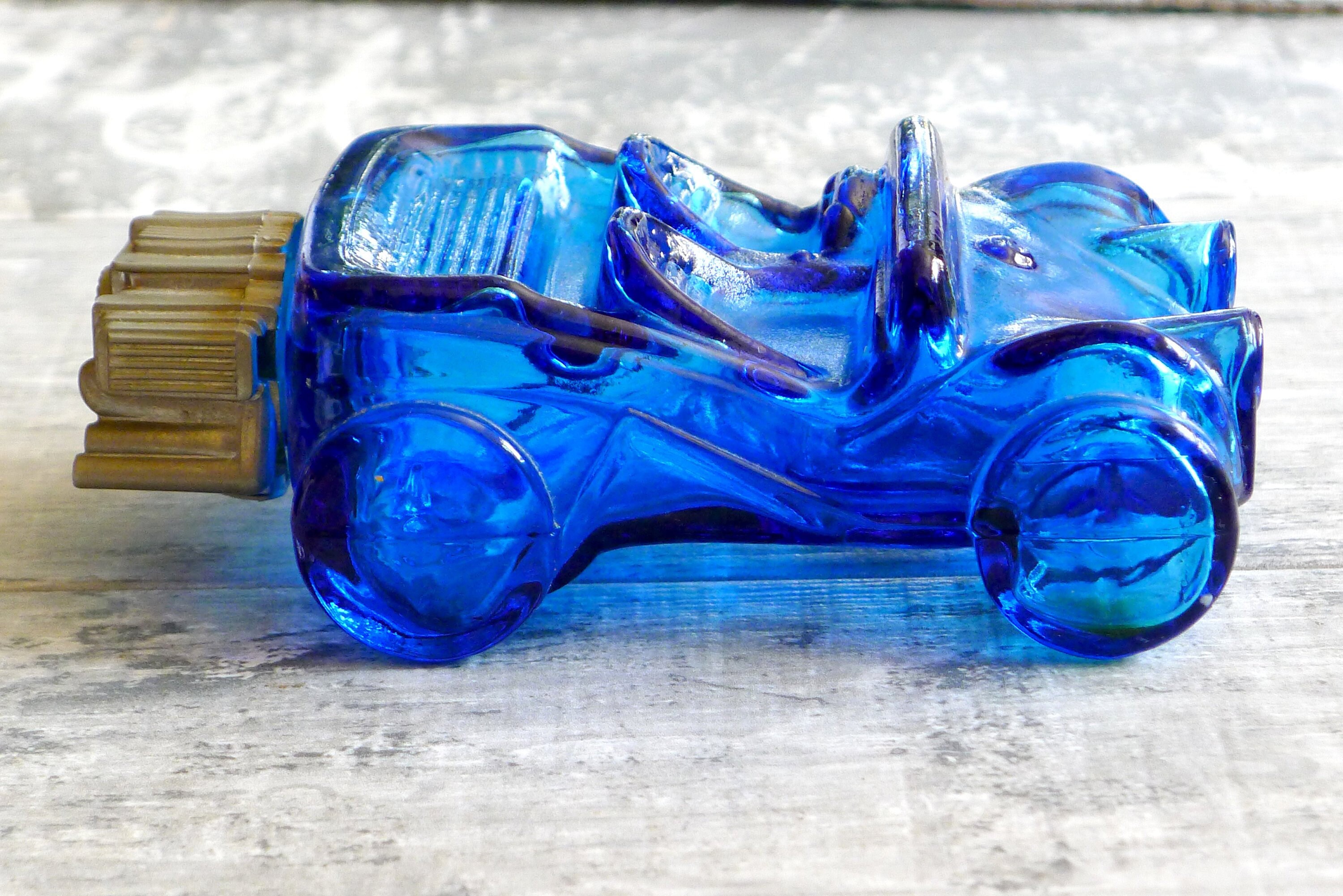 Vintage AVON Blue Glass Race Car Bottle Cologne Bubble Bath Boys