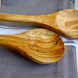 Set of 2 Large Olive Wood Serving Spoons Salad Buffet Serving Pieces Mediterranean Style 12 inches