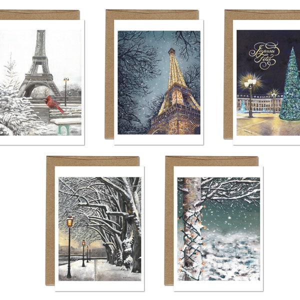 Set of 5 Different WINTER Greeting "PARIS" Cards (5"x7"). Signed, high quality print of my original painting. Suitable for Framing