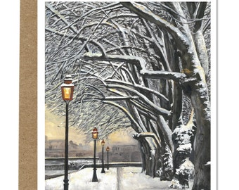 Lampadaires Winter Greeting Cards 5X7. Include painting's story. Signed, high quality print of my original painting.