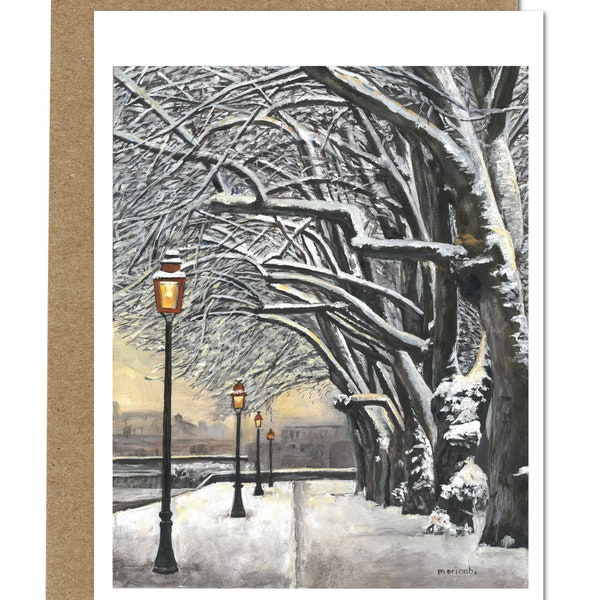 Lampadaires Winter Greeting Cards 5X7. Include painting's story. Signed, high quality print of my original painting.