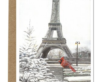 Winter Greeting Cards 5X7. Include painting's story. Signed, high quality print of my original painting. "A Cardinal in Paris"