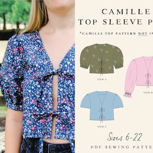 May include: A digital sewing pattern for three different sleeve styles for the Camille top. The pattern includes a green, pink, and blue sleeve option. The text on the image reads "Camille Top Sleeve Pack *Camille Top Pattern Not Included* Sizes 6-22 PDF Sewing Pattern"