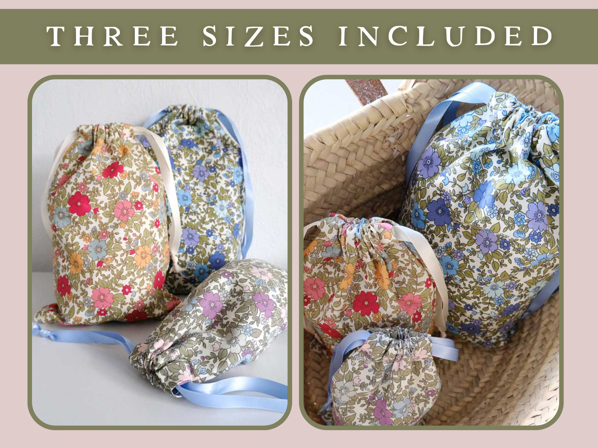 Drawstring Bags PDF Sewing Pattern - 3 Sizes Included (22cm, 26cm, 30cm ...
