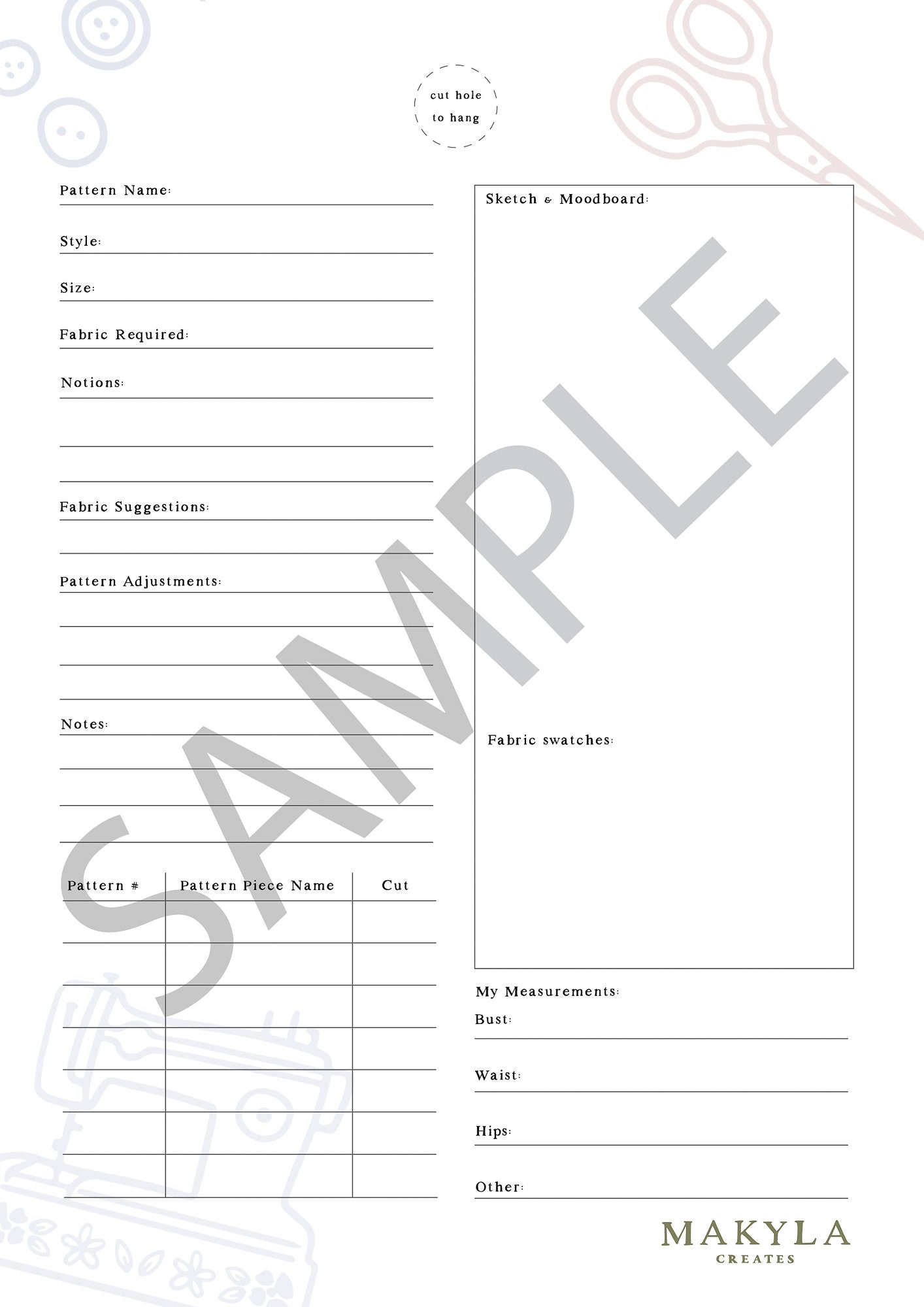 Sewing Pattern Record Card PDF Printable Etsy