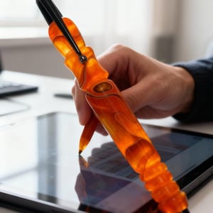 Puede incluir: Un lápiz óptico naranja y negro con un diseño texturizado único. El lápiz se está utilizando en una tableta, lo que sugiere su uso para arte digital o toma de notas. El cuerpo del lápiz tiene una apariencia veteada y la punta es negra.