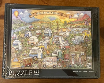 Florida Puzzle with Last Chance Lane Scene. Lucy Davis Creatives,Helena, MT. 672 pieces. 18x24”. Shipping from Santa Fe, NM.