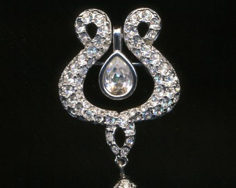 Swarovski Signed Pin Brooch Rhodium Plated Set with Crystals & Pearl Drop