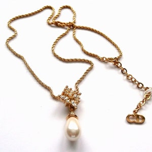 Christian Dior Signed Necklace Gold Plated with Crystal & Pearl Pendant