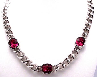 Swarovski Signed Necklace Rhodium Plated with Bezel Set Pink Crystals