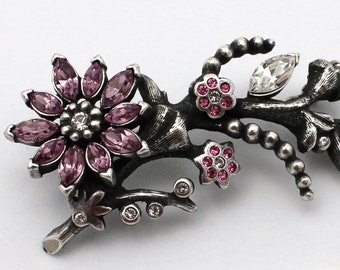 Christian Dior Signed  Pin Brooch Gunmetal Flower set with Crystals