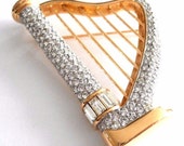 Swarovski Signed Harp Pin Gold Plated Set with Clear Crystals