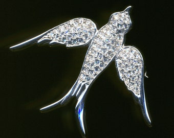 Christian Dior Signed Rhodium Plated Bird Pin Brooch set with Austrian Crystals