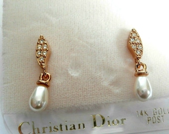 Christian Dior Earrings Gold Plated set with Clear Crystals & Pearl and 14 kt gold Posts