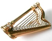 Swarovski Signed Pin Brooch Gold Plated Harp with Crystals Swan Logo