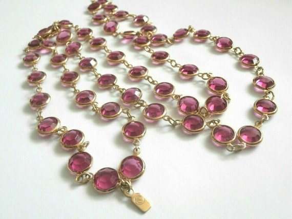 Swarovski Signed Gold Plated Bezel Set Necklace with Fuschia Pink