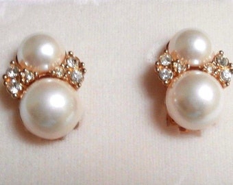 Christian Dior Signed Gold Plated Pearl &  Crystal Set Clip  Earrings