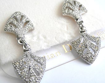 Christian Dior Signed Rhodium Plated Crystal set Earrings with 14k Gold Post