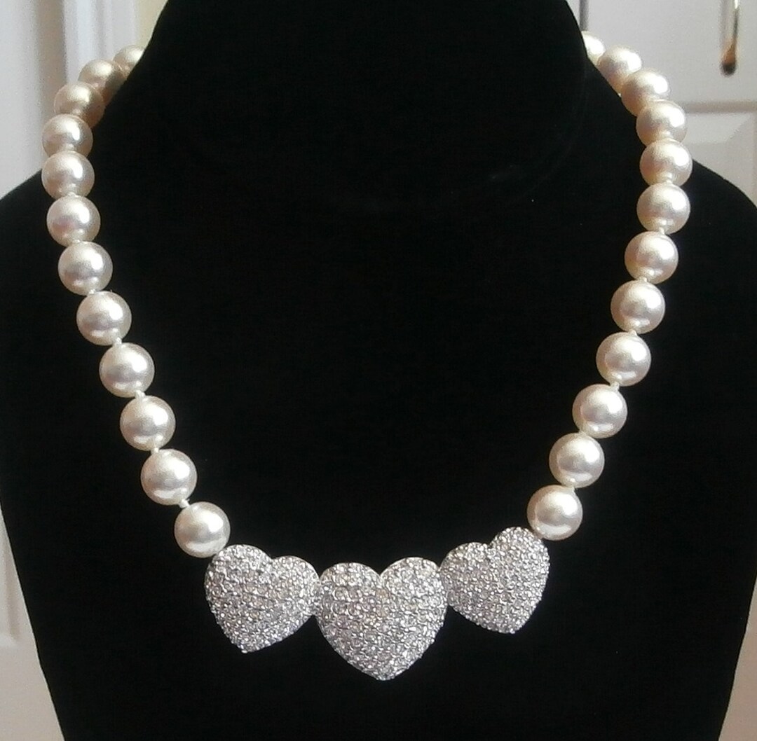Swarovski Signed Pearl Necklace With Three Pave Crystal Set