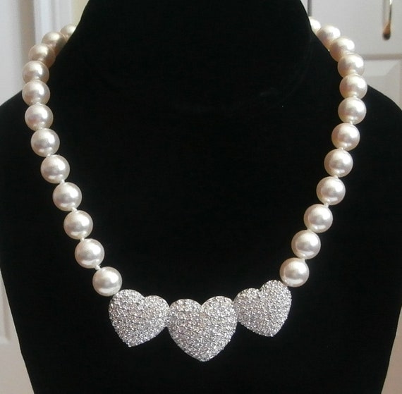 Swarovski Signed Pearl Necklace With Three Pave Crystal Set