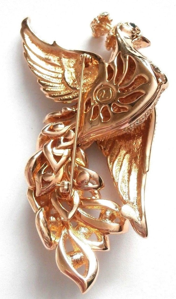 Swarovski Signed Gold Plated Peacock Brooch Pin Crystal Set MIB
