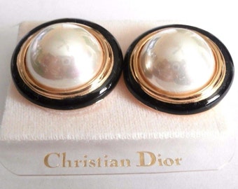Christian Dior Signed Gold Plated Clip On Earrings with Pearl