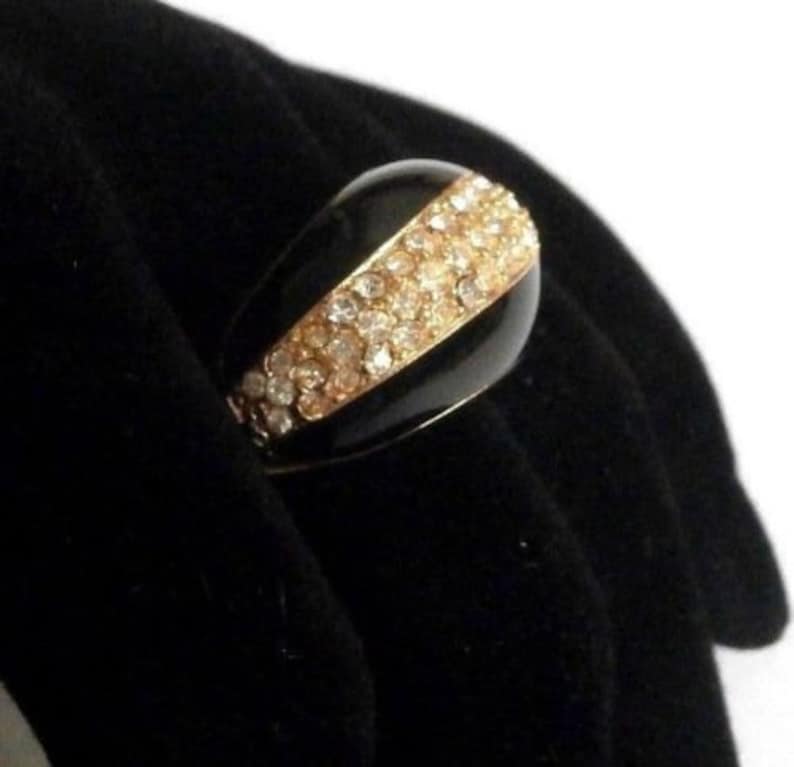 Signed Christian Dior Gold Plated Ring set with Pave Clear Crystals - Size Adjustable 