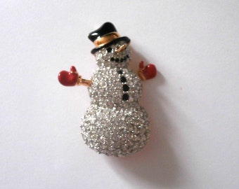 Swarovski Signed Gold Plated Snow Man Pin Brooch Set with Pave Clear Crystals