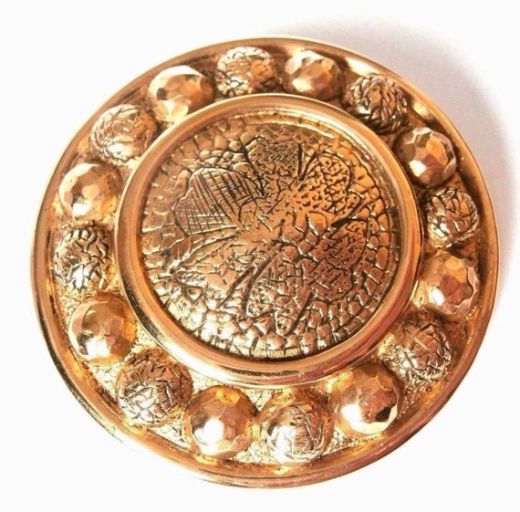 1980's Rochas Signed  Gold Plated Round Pin Brooch
