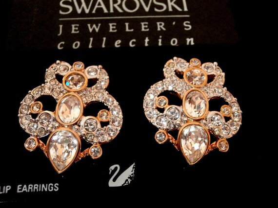 Swarovski Signed Clip Earrings Gold Plated with Bezel Set and Pave