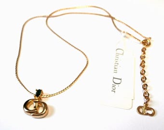 Christian Dior Signed Gold Plated Necklace with Emerald Crystal CD Pendant