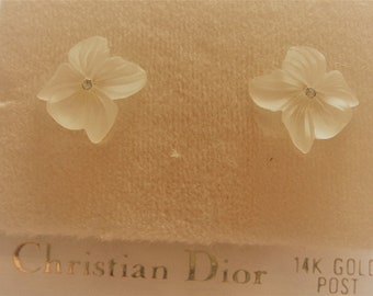 Christian Dior White Lucite Flower Earrings with Silver Crystal and 14 kt. Gold Posts
