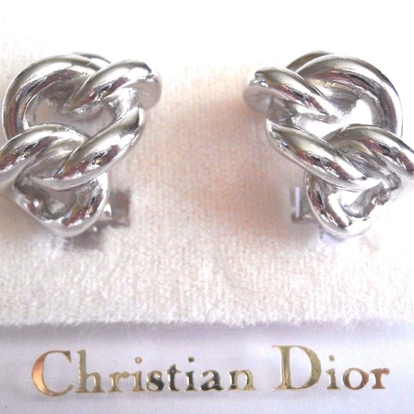 Vintage Christian Dior Signed Rhodium Plated Clip Earrings