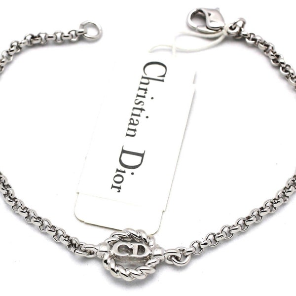 Authentic Christian Dior Bracelet Rhodium Plated Chain with Dior Monogram Symbol