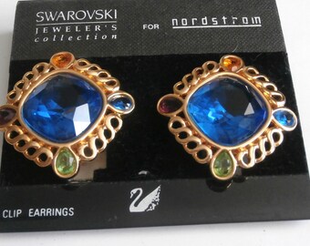 Swarovski Signed Clip Earrings Gold Plated with Sapphire & Other Crystals