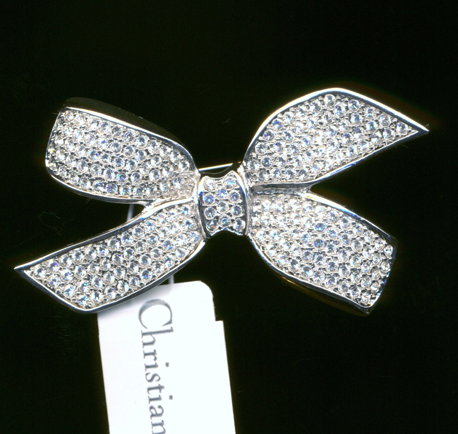 Christian Dior Signed Rhodium Plated Bow Pin Brooch Set With Crystals ...