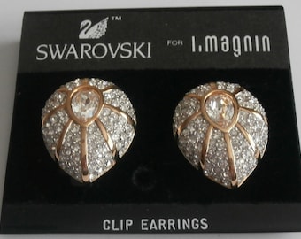 1980's Swarovski Signed Clip Earrings Gold Plated Set with Pave Crystals