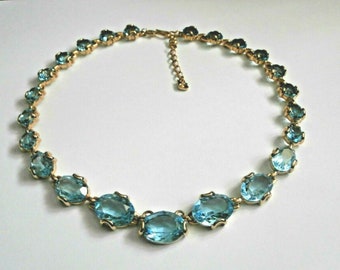 Swarovski Signed Gold Plated Necklace with Aqua Marine Blue Crystals