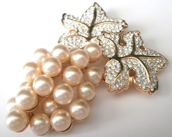 Swarovski Signed Pin Brooch Gold Plated Grapes with Crystals & Pearls